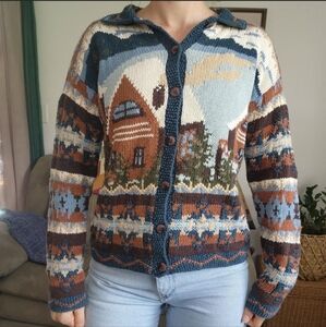 B Moss Vintage Knit Landscape Cardigan Sweater Size Small